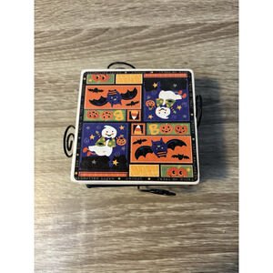 Vintage 3.5in Ceramic Halloween Themed Coasters Black Wire Holder Set of 4